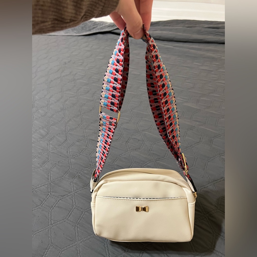 Cream Crossbody Bag with Multicolor Strap